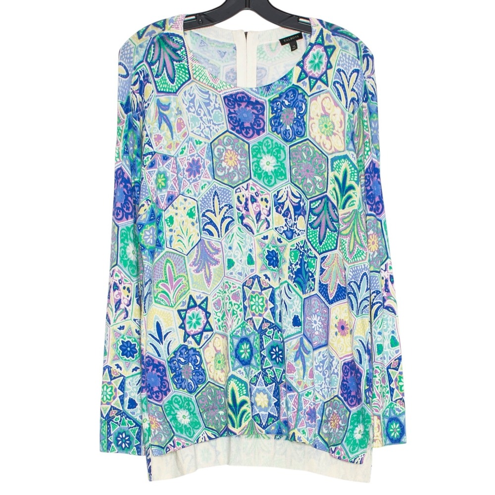 Talbots Sweater Floral Boho Patchwork Mosaic Artsy Cottage Casual Blue Green XL